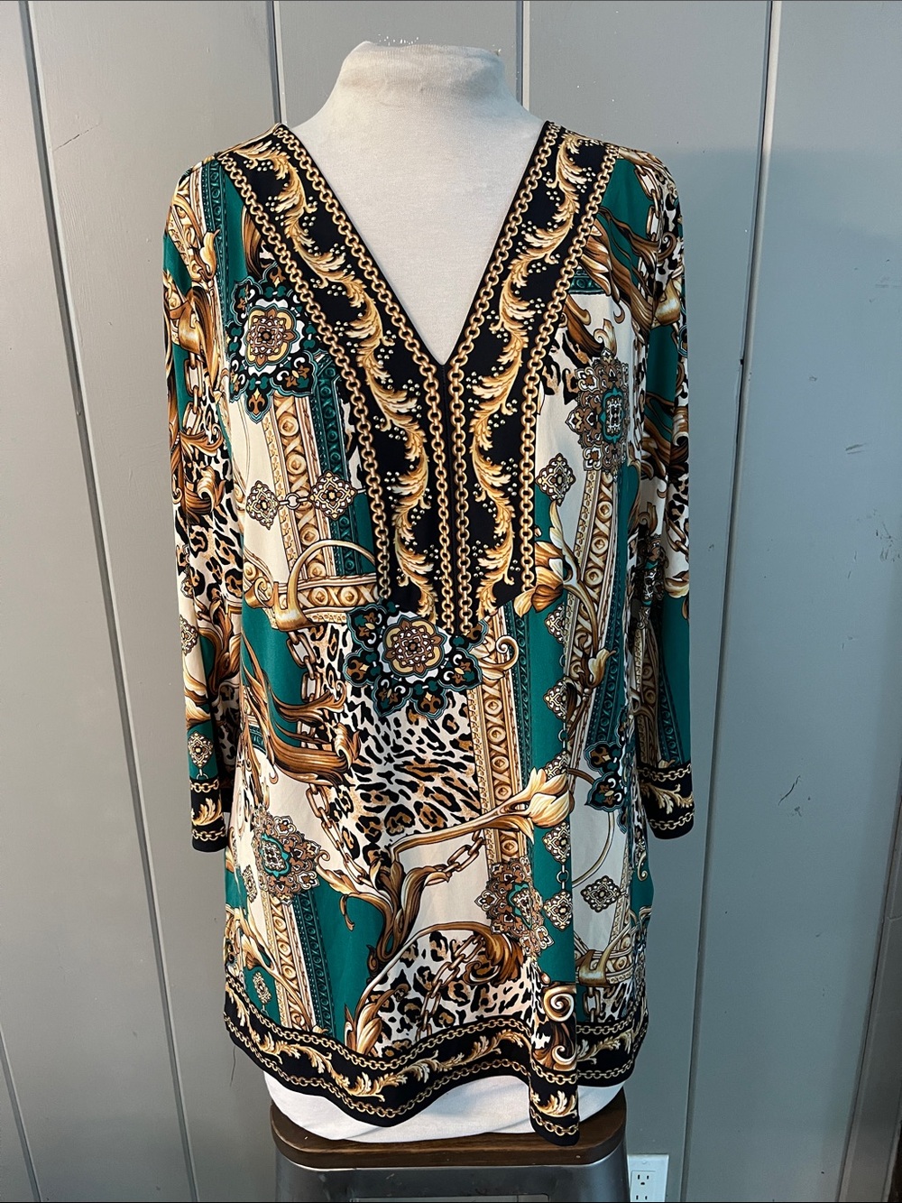 JM Collection Tunic Top Paisley Leopard Bohemian Artsy Festival Coastal Grandma